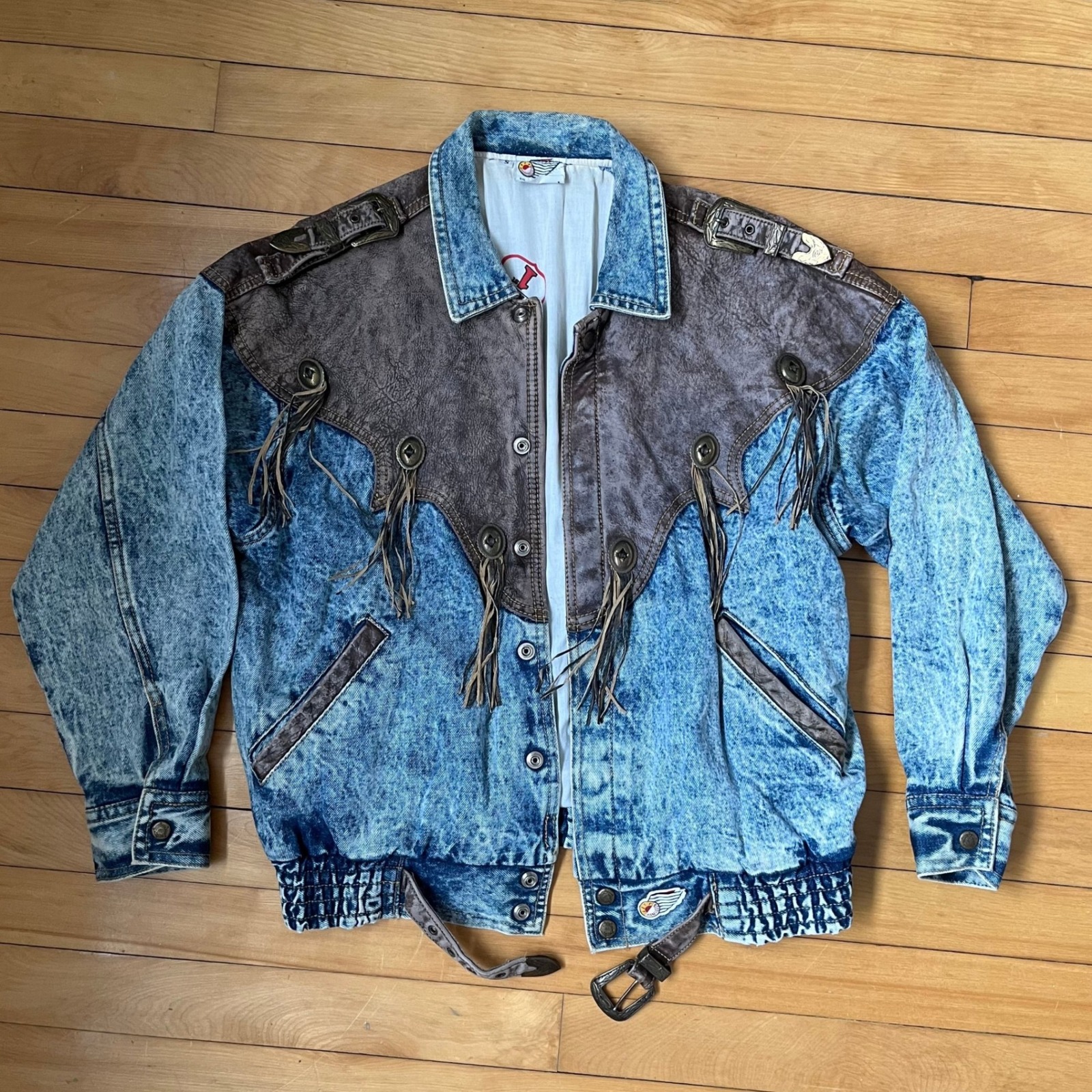 Vintage Jeff Hamilton Small Western Acid Wash Denim Jacket Fringe Brown Yoke